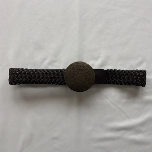Bohemian braided leather belt with statement metal circle buckle (size OS) - Picture 3 of 8